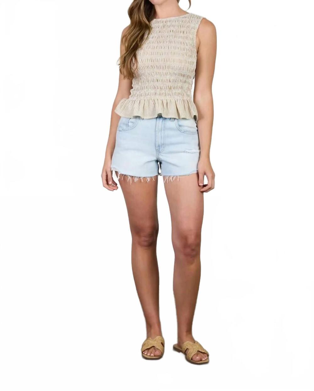 NEW BLU PEPPER stripe sleeveless smocked blouse in khaki